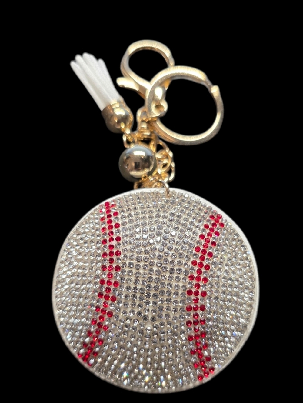 Rhinestone Baseball Bag Charm Keychain - Silver & Red